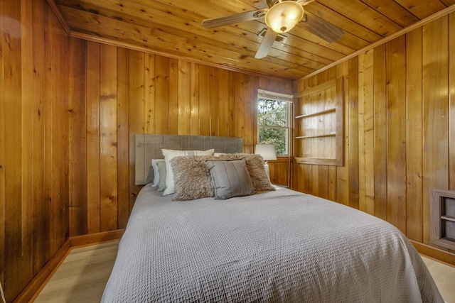 bedroom with ceiling fan, wood finished floors, wood walls, and wood ceiling