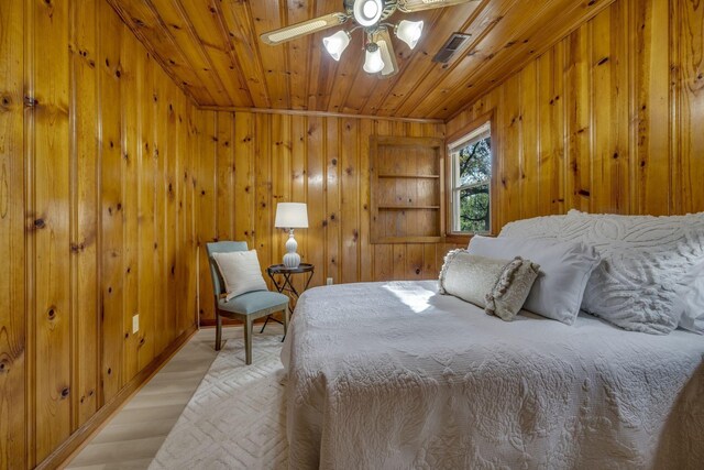 bedroom featuring light wood finished floors, ceiling fan, wooden ceiling, and wood walls