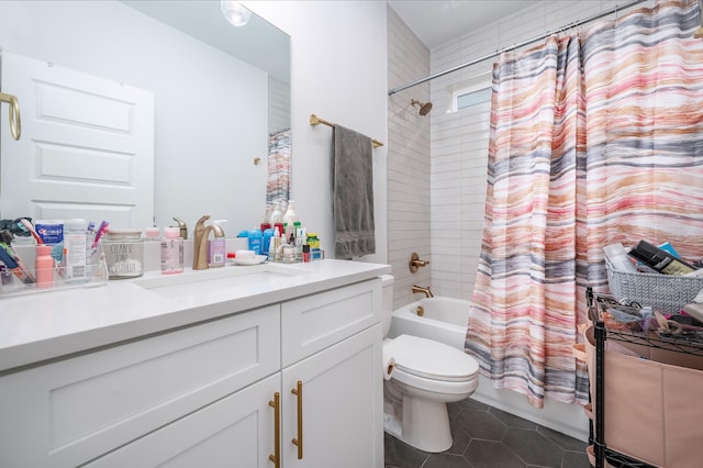 full bathroom with shower / tub combo, toilet, tile patterned flooring, and vanity