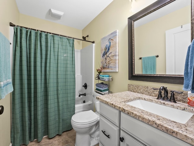 full bath with shower / bath combination with curtain, toilet, and vanity