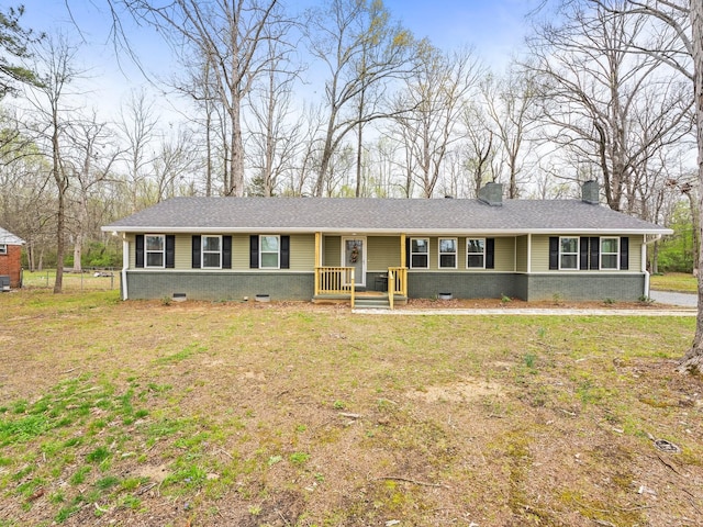 ranch-style house featuring crawl space, a chimney, a front yard, and fence