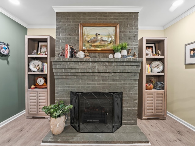 details featuring baseboards, a fireplace, wood finished floors, and ornamental molding