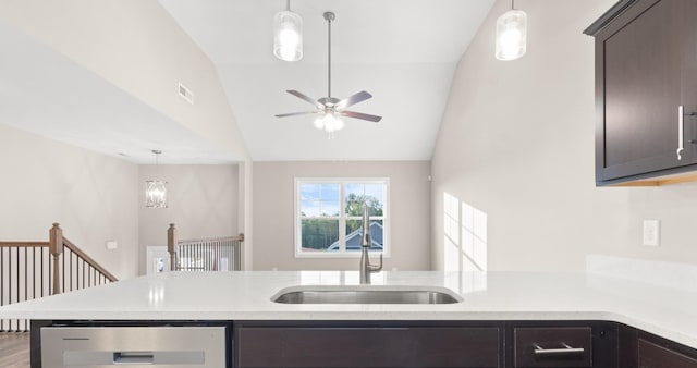 28 Gratton Ests, Clarksville, TN 37043 - kitchen featuring visible vents, dark brown cabinets, a ceiling fan, a sink, and vaulted ceiling
