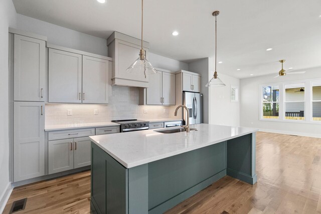 kitchen with a sink, appliances with stainless steel finishes, an island with sink, and decorative backsplash