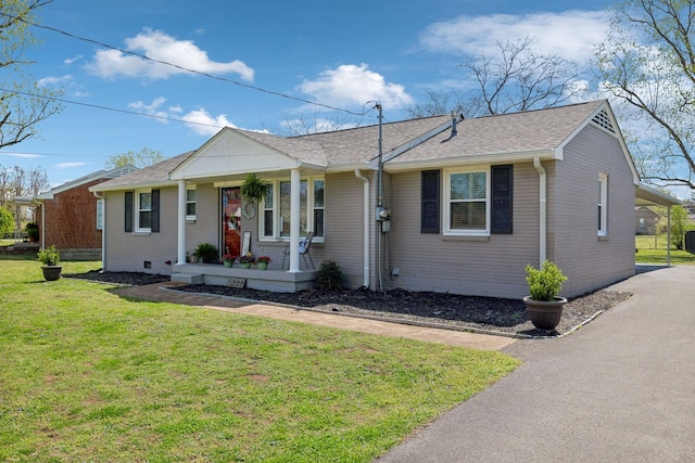 3132 Stafford Dr, Nashville, TN 37214 - ranch-style house with crawl space, a front yard, brick siding, a porch, and a shingled roof