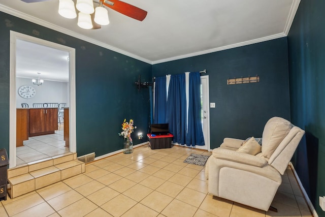 3132 Stafford Dr, Nashville, TN 37214 - tiled living room featuring a ceiling fan, crown molding, and baseboards