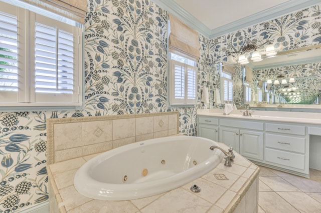 full bathroom featuring tile patterned floors, wallpapered walls, vanity, a jetted tub, and ornamental molding