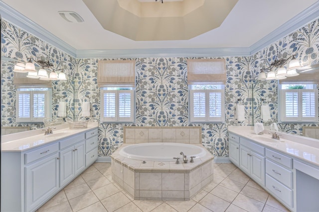bathroom with crown molding, a sink, and wallpapered walls