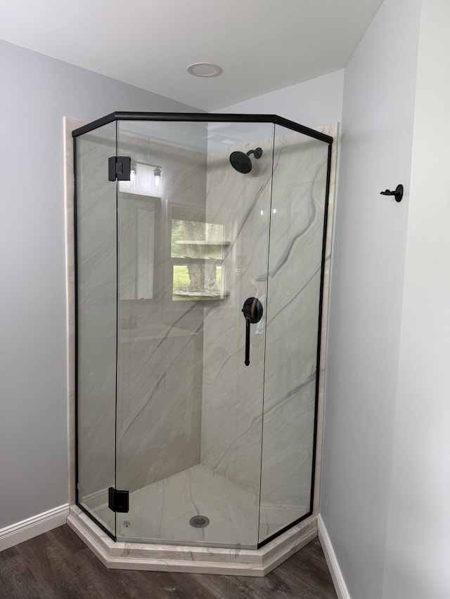 135 Locust Dr, Erin, TN 37061 - full bathroom with wood finished floors and a stall shower