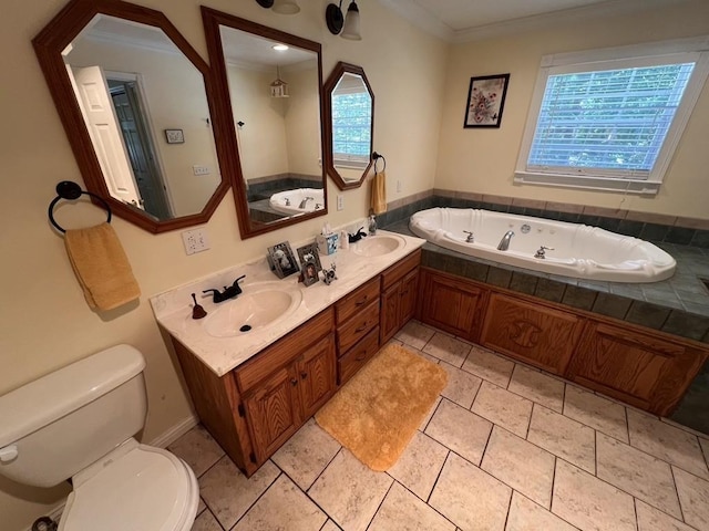 bathroom featuring toilet, a sink, ornamental molding, and a bath