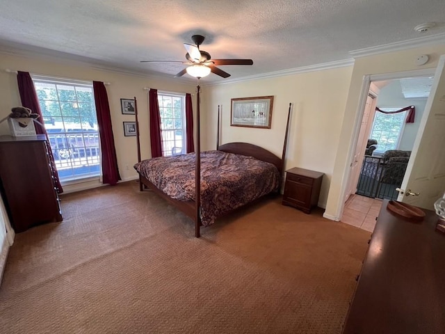 bedroom with ornamental molding, access to outside, a textured ceiling, ceiling fan, and light carpet