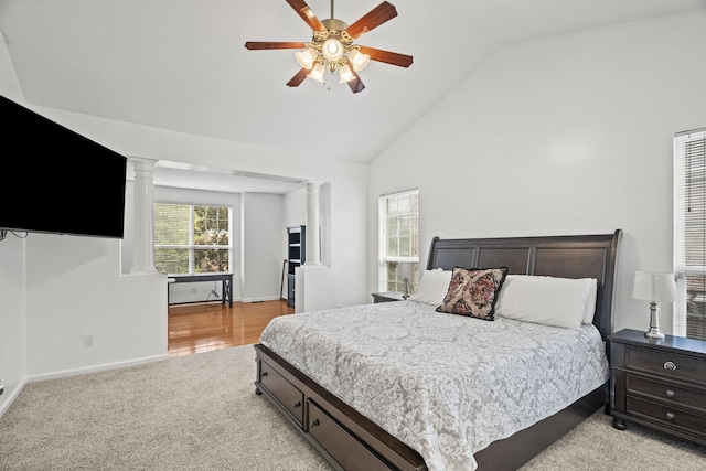513 Cold Stream Pl, Nashville, TN 37221 - bedroom featuring vaulted ceiling, light colored carpet, ornate columns, baseboards, and ceiling fan