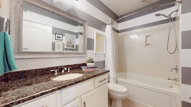 bathroom with shower / bathtub combination with curtain, toilet, and vanity