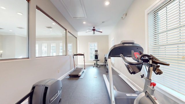 workout room featuring attic access, baseboards, ceiling fan, and recessed lighting