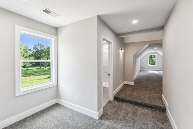 corridor featuring recessed lighting, carpet floors, baseboards, and visible vents