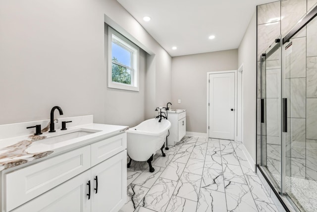 full bathroom featuring vanity, a shower stall, marble finish floor, baseboards, and recessed lighting
