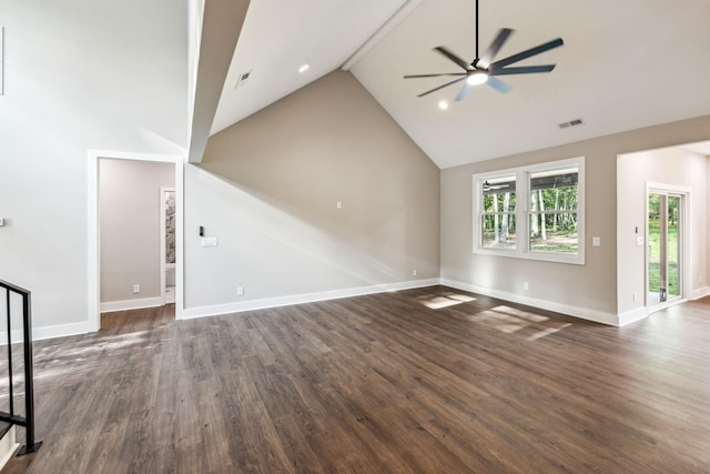 unfurnished living room featuring high vaulted ceiling, visible vents, baseboards, a ceiling fan, and dark wood-style floors