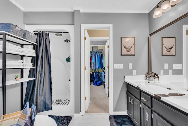 full bathroom with baseboards, ornamental molding, vanity, and curtained shower