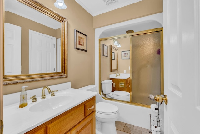 bathroom with vanity, toilet, visible vents, and enclosed tub / shower combo