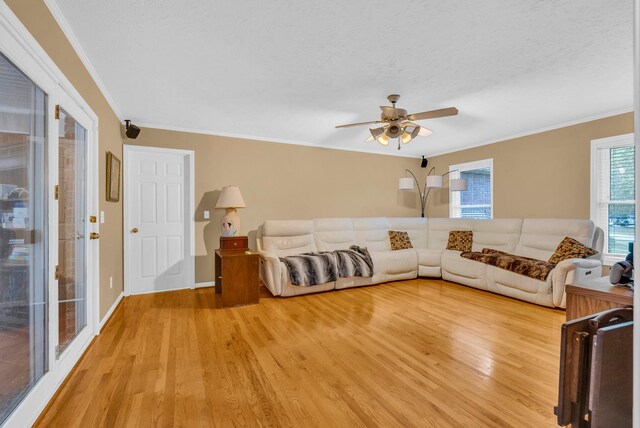 living room with ceiling fan, light wood-type flooring, and ornamental molding