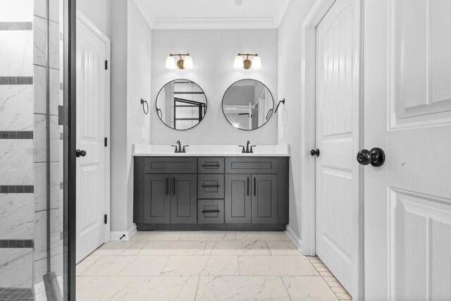 2531 Rafiki Dr, Clarksville, TN 37042 - bathroom with a sink, a marble finish shower, marble finish floor, ornamental molding, and double vanity