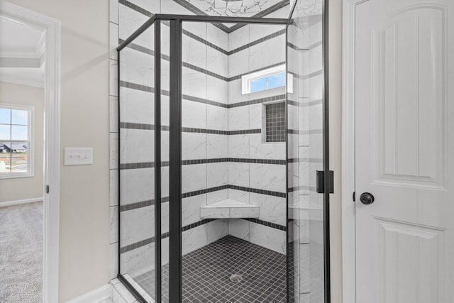 2531 Rafiki Dr, Clarksville, TN 37042 - bathroom with crown molding, baseboards, and a shower stall