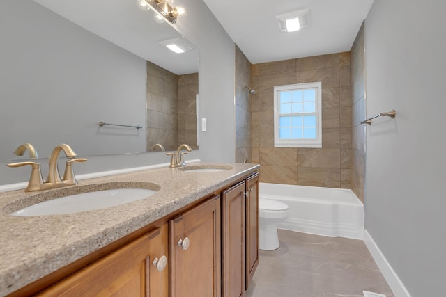 full bath featuring double vanity, toilet, a sink, and shower / bath combination