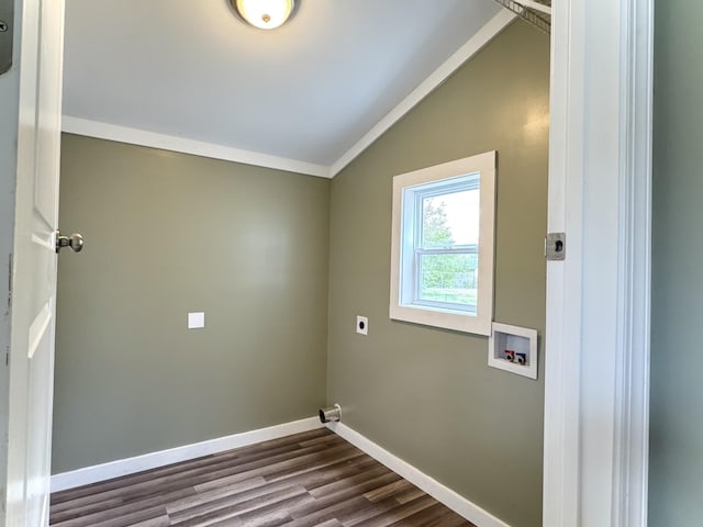 clothes washing area with hookup for a washing machine, baseboards, dark wood-style floors, electric dryer hookup, and laundry area