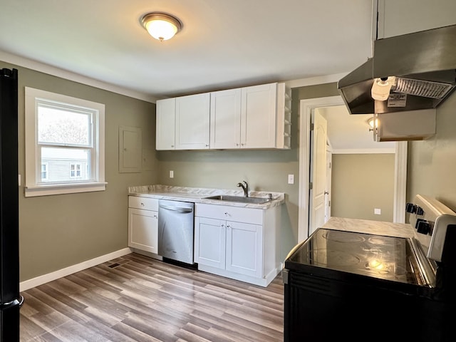 kitchen with light countertops, a sink, dishwasher, under cabinet range hood, and black / electric stove