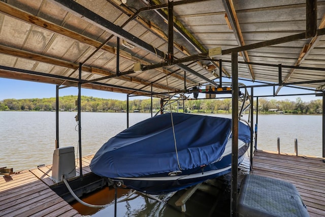 dock area with boat lift and a water view