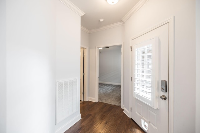 interior space featuring dark wood-style flooring, visible vents, crown molding, baseboards, and a healthy amount of sunlight