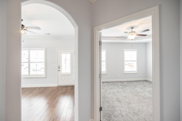 entryway with baseboards, wood finished floors, arched walkways, and ceiling fan
