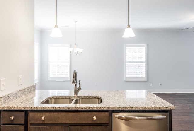 kitchen with dark brown cabinets, a sink, stainless steel dishwasher, and a wealth of natural light