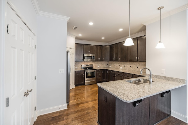 kitchen featuring dark brown cabinetry, a sink, appliances with stainless steel finishes, a peninsula, and dark wood-style floors