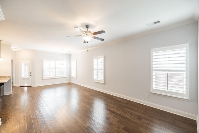 unfurnished living room featuring a ceiling fan, dark wood-style floors, crown molding, and visible vents