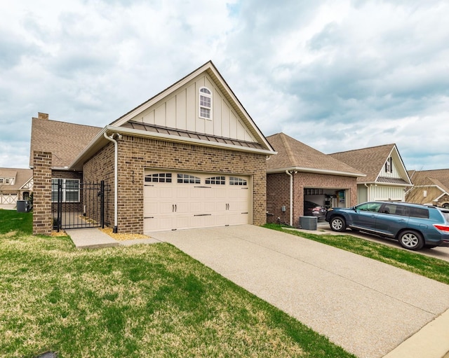 view of front of home with brick siding, an attached garage, a standing seam roof, and board and batten siding