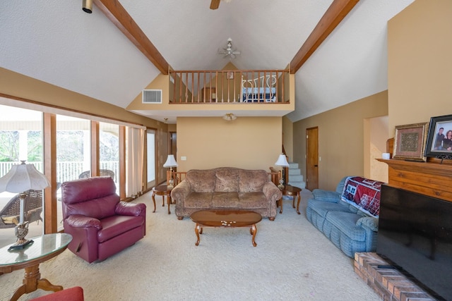 48 Old Pump Station Rd, Linden, TN 37096 - living area with high vaulted ceiling, visible vents, beamed ceiling, carpet, and ceiling fan