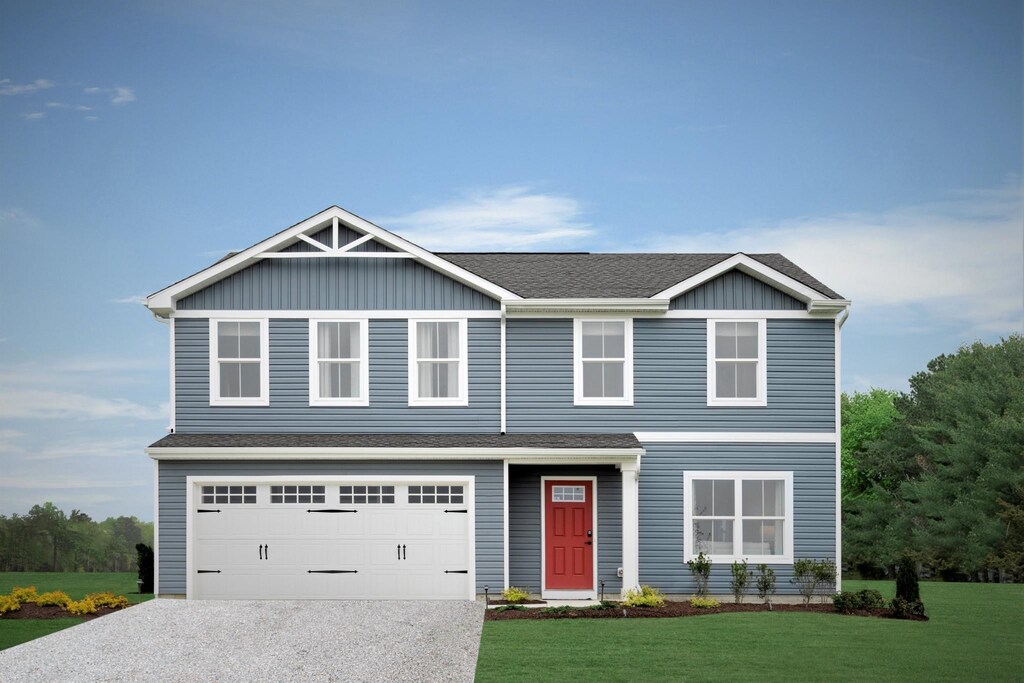 view of front of house with driveway, a shingled roof, a front lawn, and board and batten siding