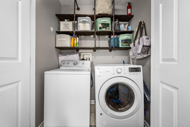 laundry room featuring independent washer and dryer, laundry area, and a textured ceiling