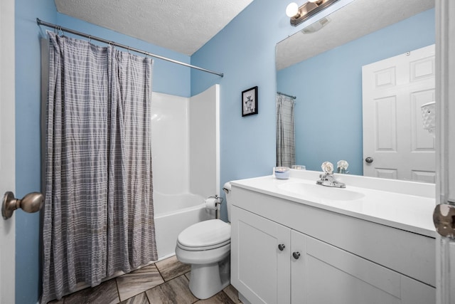 bathroom featuring a textured ceiling, visible vents, toilet, vanity, and shower / bathtub combination with curtain