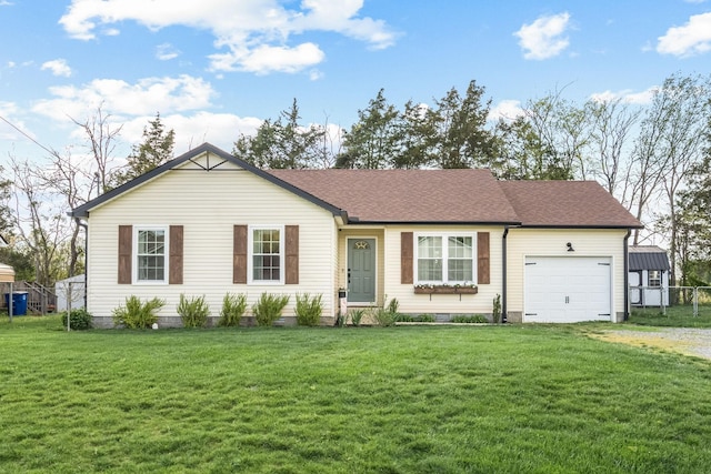 single story home with fence, driveway, a front yard, and a garage