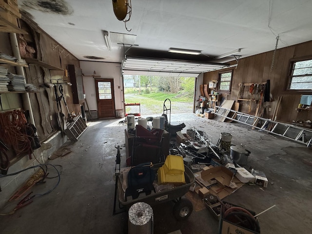 garage with wood walls