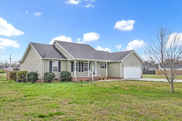 ranch-style home featuring a front yard, concrete driveway, a shingled roof, crawl space, and a garage