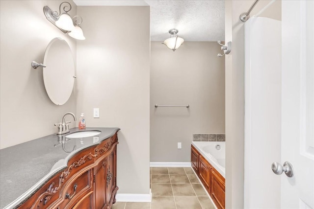 full bathroom featuring a textured ceiling, a shower, vanity, a tub to relax in, and tile patterned flooring