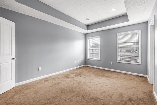 spare room with carpet floors, a tray ceiling, baseboards, and a textured ceiling