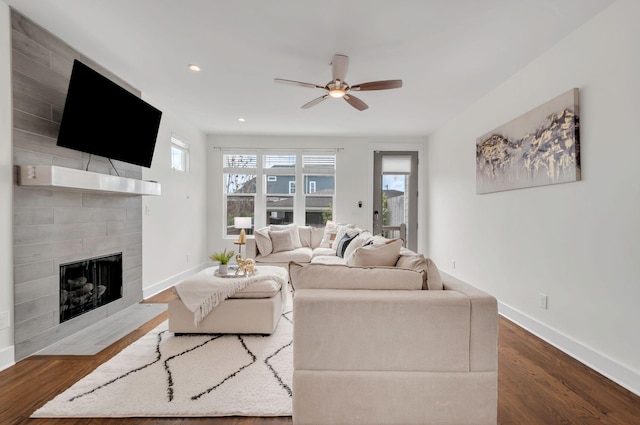1603A 9th Ave N, Nashville, TN 37208 - living room with plenty of natural light, a tile fireplace, baseboards, and dark wood finished floors