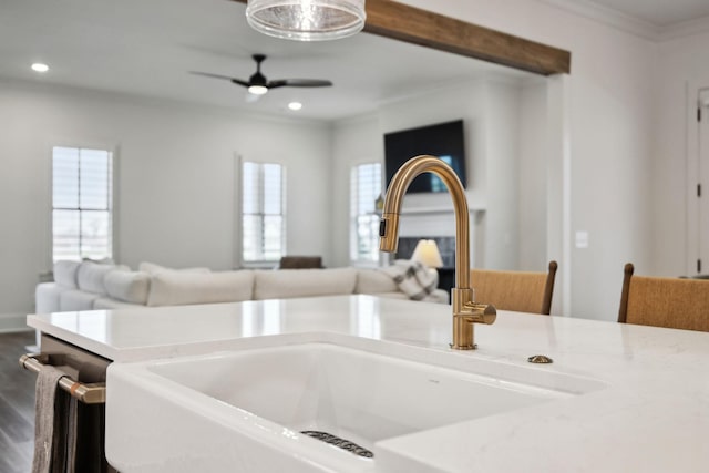 details with light countertops, ornamental molding, recessed lighting, a ceiling fan, and a sink