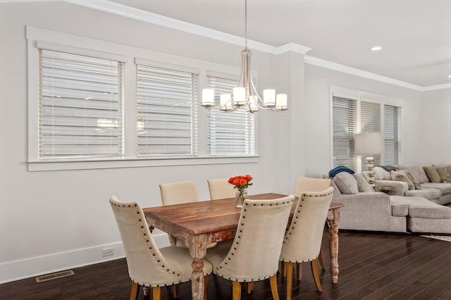 1701 Glen Echo Rd, Nashville, TN 37215 - dining room with an inviting chandelier, baseboards, visible vents, ornamental molding, and dark wood-style flooring