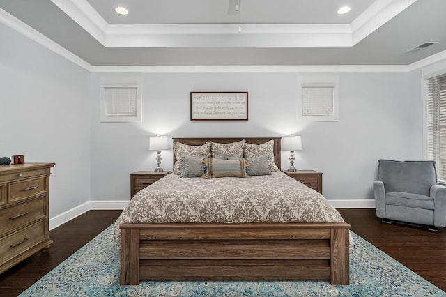 1701 Glen Echo Rd, Nashville, TN 37215 - bedroom with dark wood-style flooring, a tray ceiling, baseboards, and visible vents