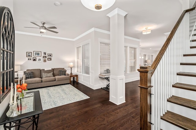 1701 Glen Echo Rd, Nashville, TN 37215 - living room with stairs, decorative columns, crown molding, and ceiling fan